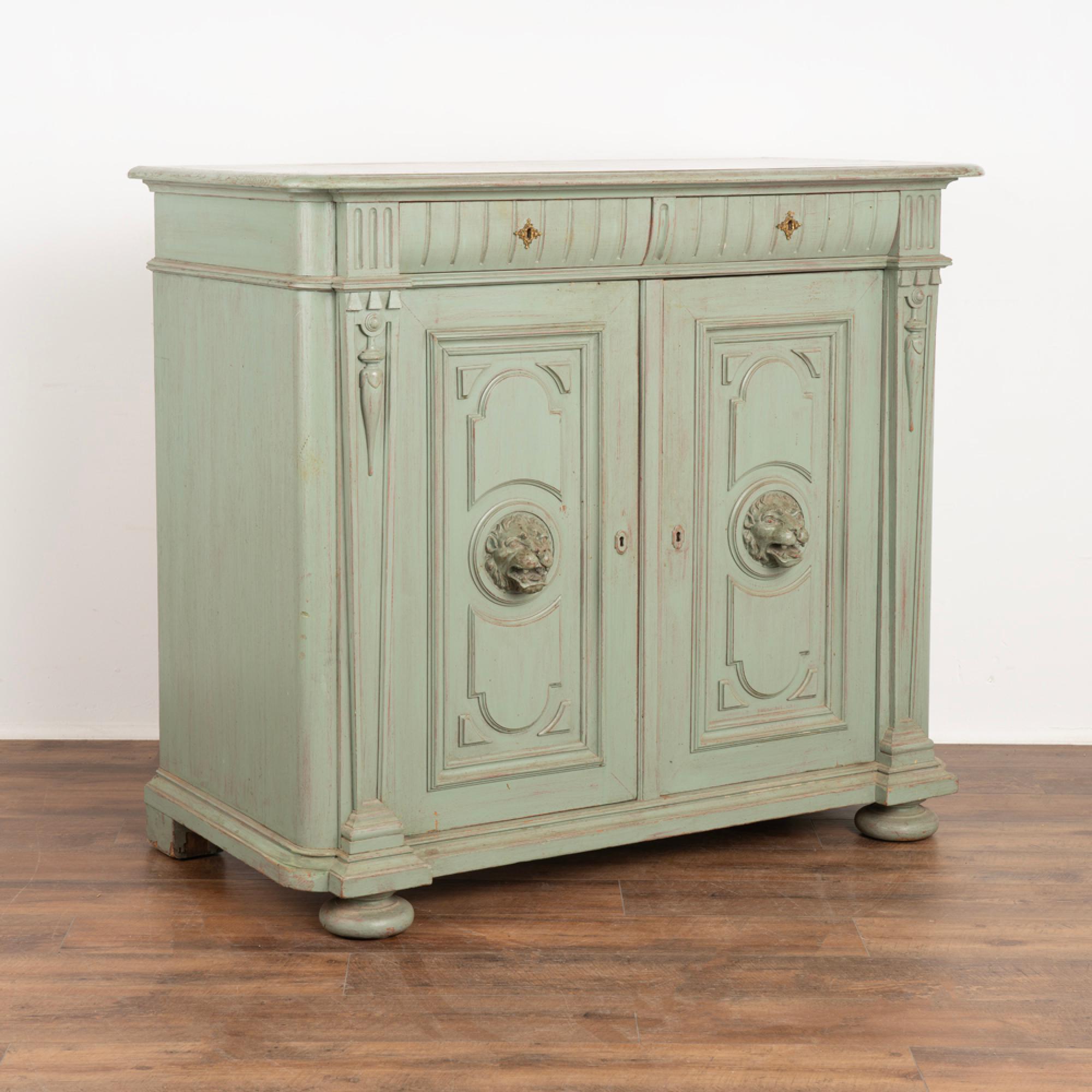 Antique Green Painted Sideboard Buffet With Carved Lion Heads Sweden circa 1860